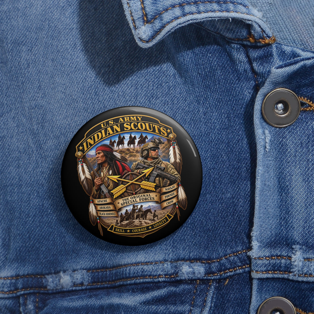 Custom Pin Buttons - United States Indian Scouts (USS) - Original Special Forces - 3D - Enhanced