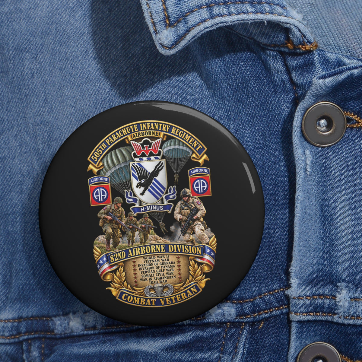 Custom Pin Buttons - Army - Combat Vet w 505th PIR - 82nd Airborne  w Campaigns - Soldiers - SSI - 3D - Enhanced