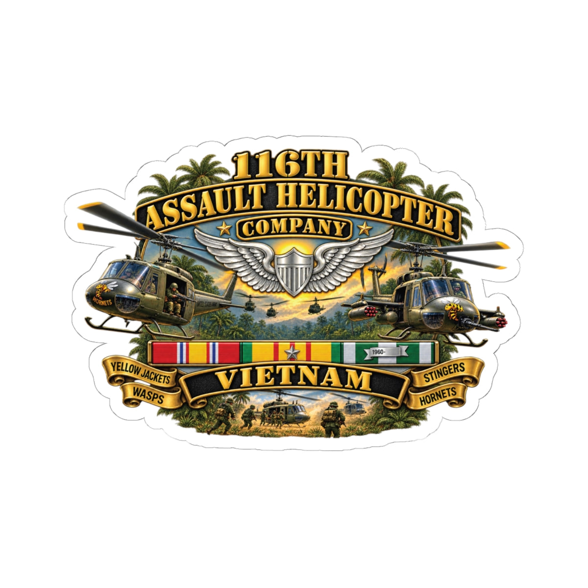 Kiss-Cut Stickers - Army - 116th Assault Helicopter Co w  Aviator Badge w VN SVC - HORNETS - 3D - Enhanced