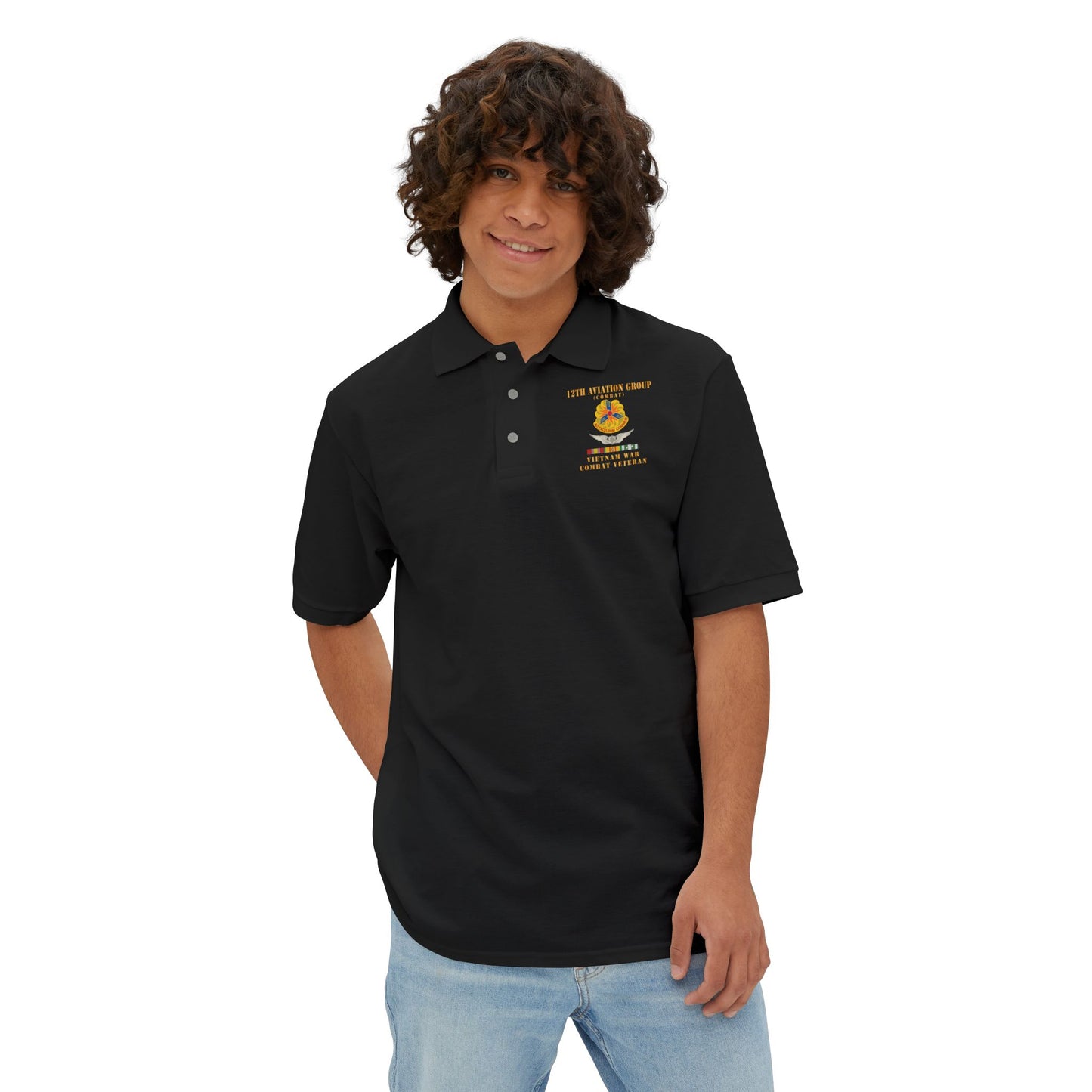Men's Casual Piqué Polo - Army - 12th  AVN Group, Combat -  DUI - Aircrew, Vietnam War - Veteran VN SVC X 300