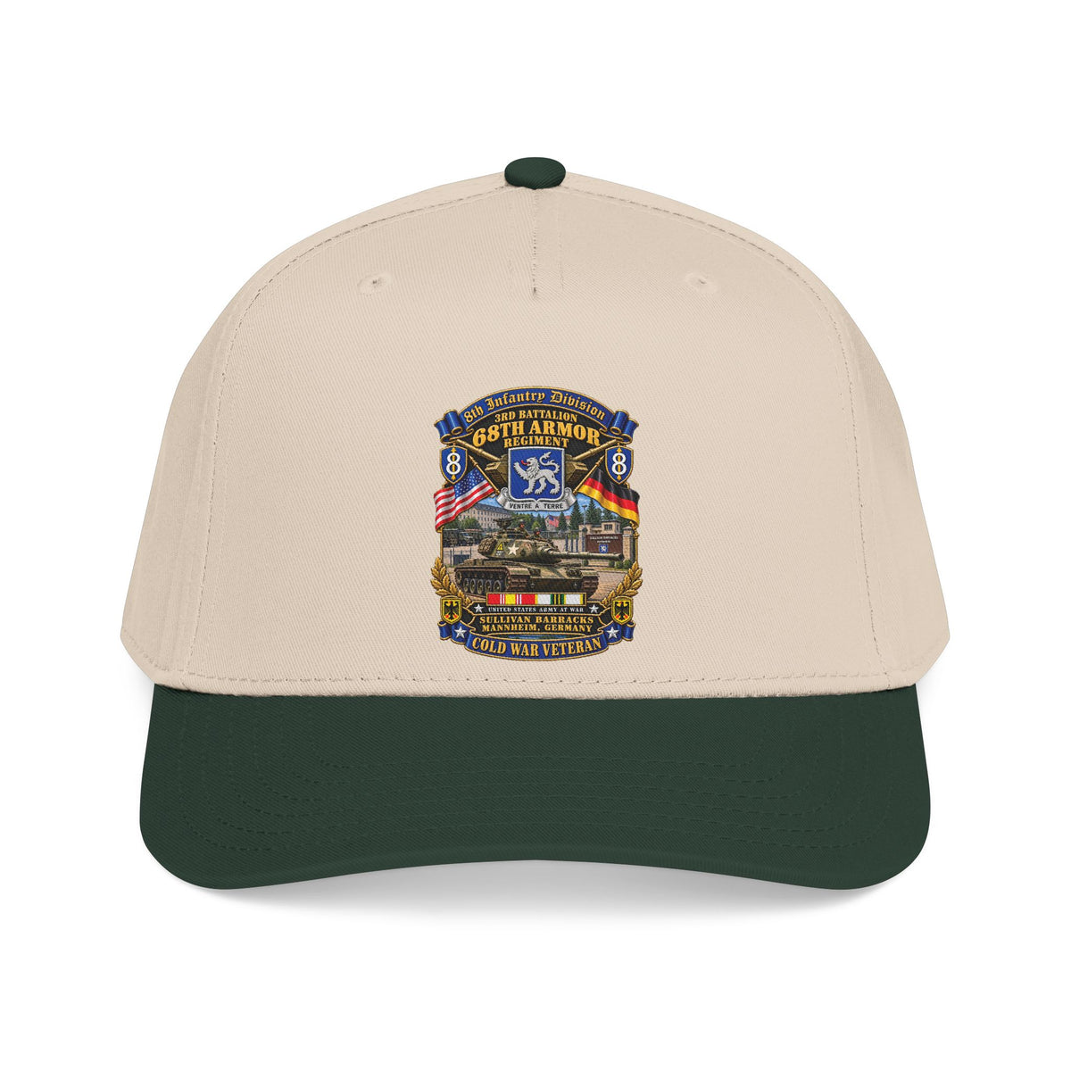 Mid Profile Baseball Cap - 8th Infantry Division Scroll - 3rd Bn 68th Armor Regiment - Sullivan Barracks, Mannheim, Germany - Cold War Vet w COLD SVC - 3D - Enhanced