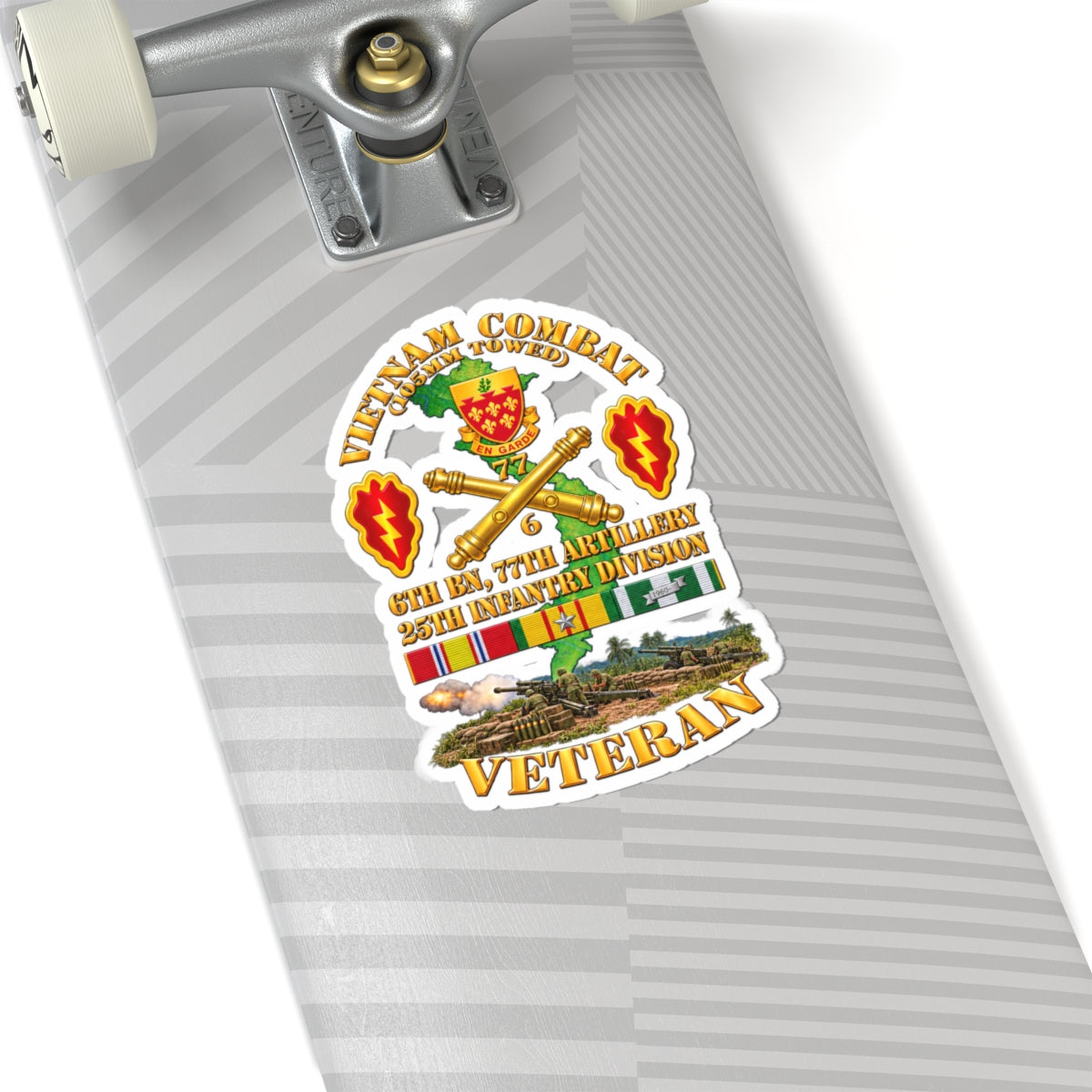 Kiss-Cut Stickers - Army - Vietnam Combat Veteran w 6th Bn 77th Artillery DUI -25th Infantry Div w Fire Mission Scene - 3D - Transparent