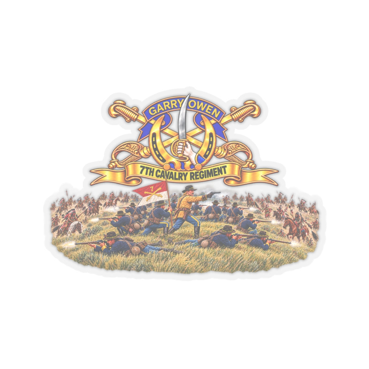 Kiss-Cut Stickers - 7th Cavalry Regiment - DUI, Br, Ribbon w  Battle of Little Big Horn Scene - 3D - Transparent