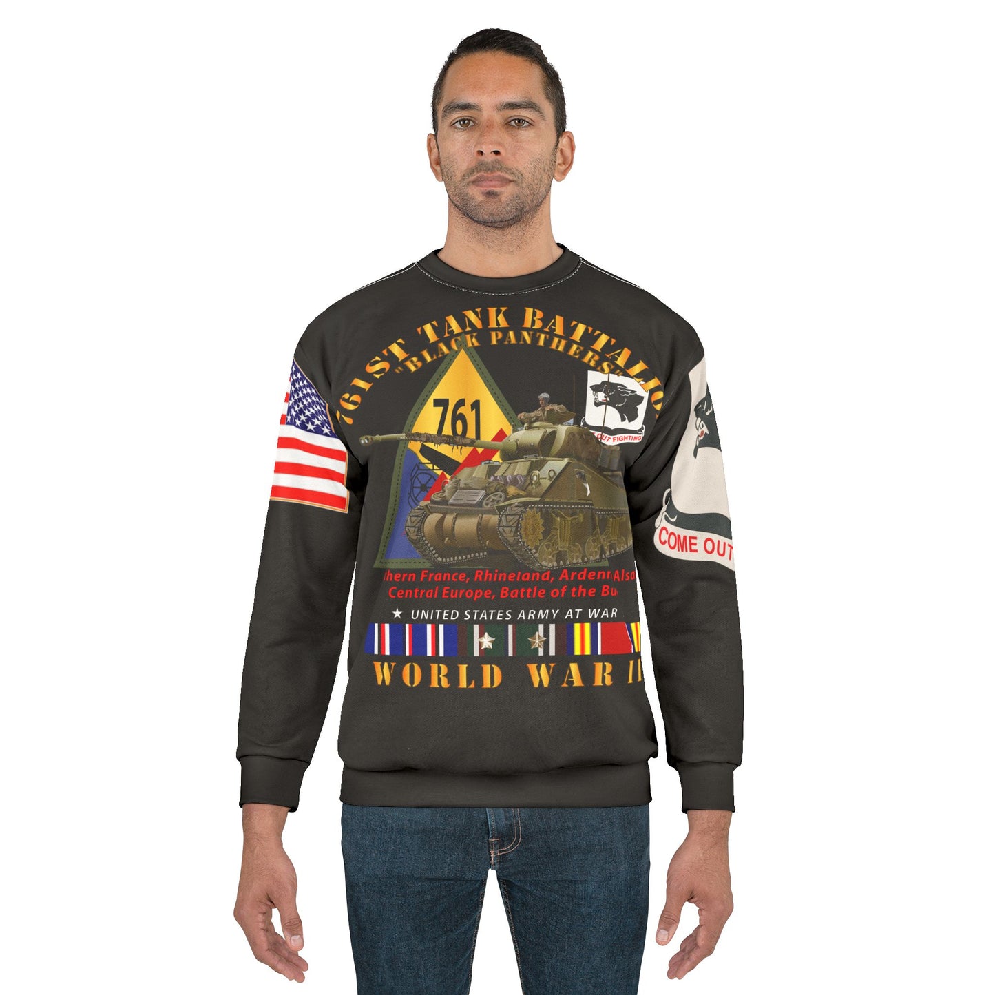 Crewneck Sweatshirt (AOP) - 761st Tank Battalion - WWII - Black Panthers