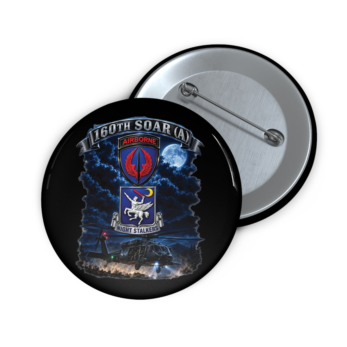 Custom Pin Buttons - USASOAC - SSI, 160th Special Operations Regiment Airborne  DUI with Scene Blackhawk - 3D - Enhanced