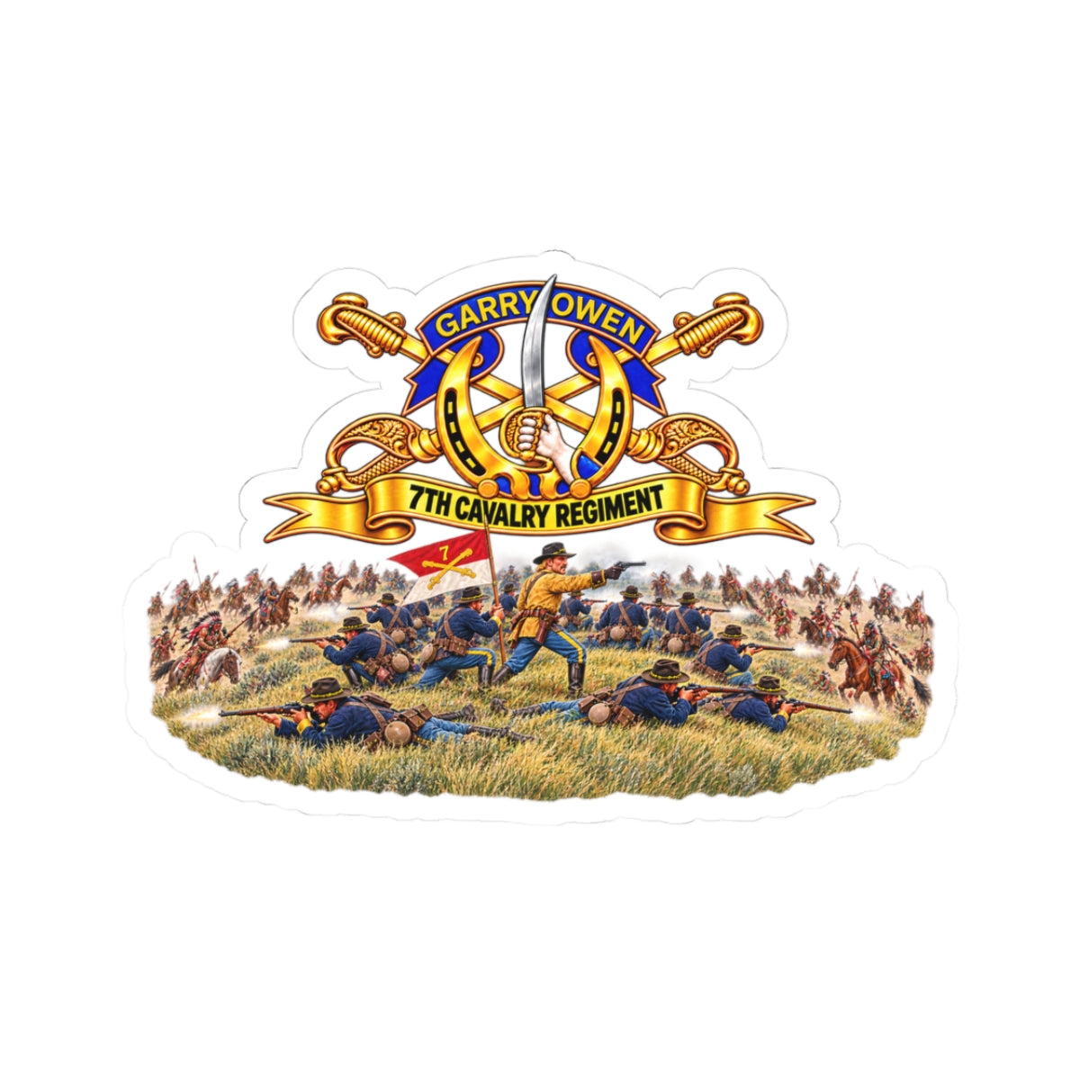 Kiss-Cut Stickers - 7th Cavalry Regiment - DUI, Br, Ribbon w  Battle of Little Big Horn Scene - 3D - Transparent