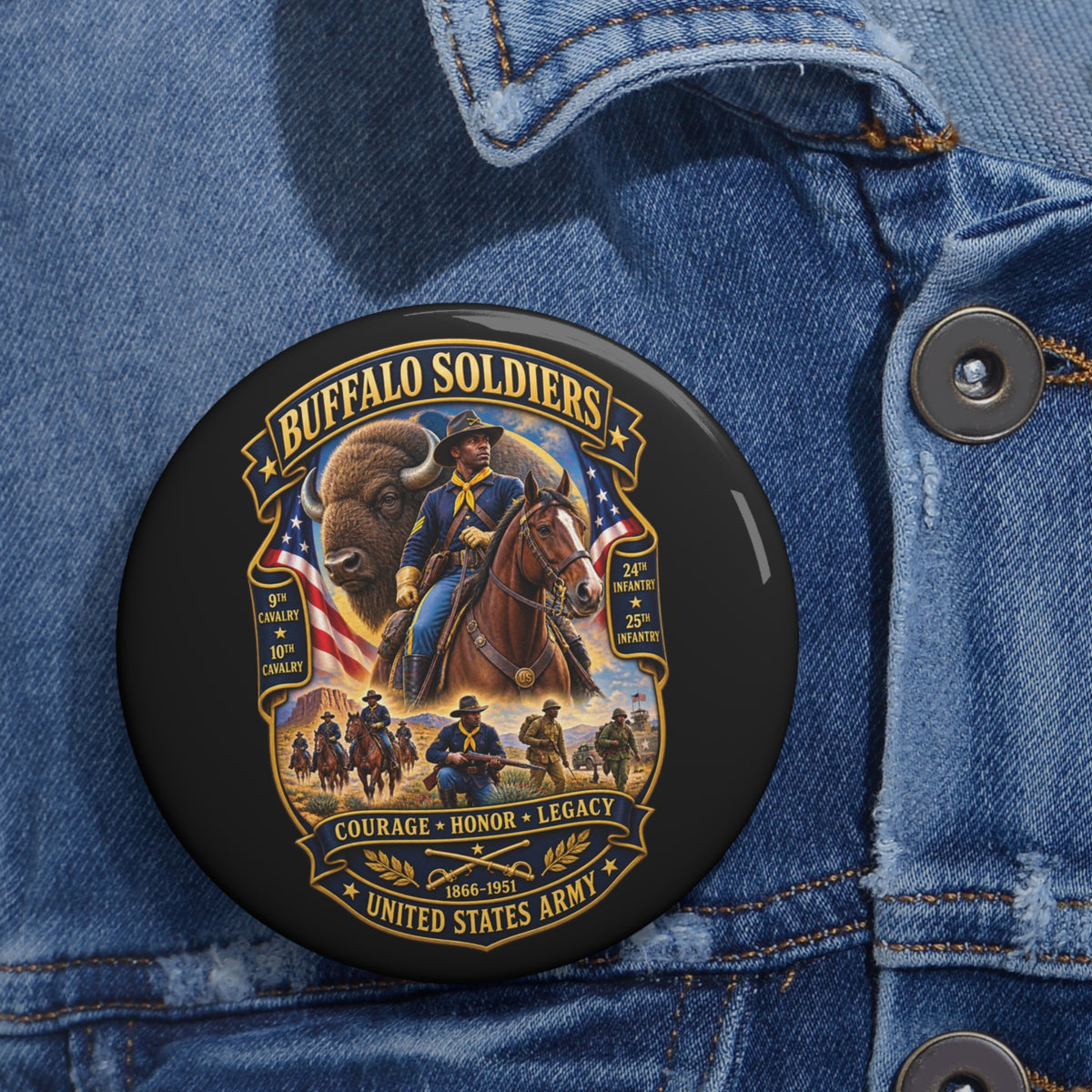 Custom Pin Buttons - Overall Buffalo Soldiers Tribute - 3D - Enhanced