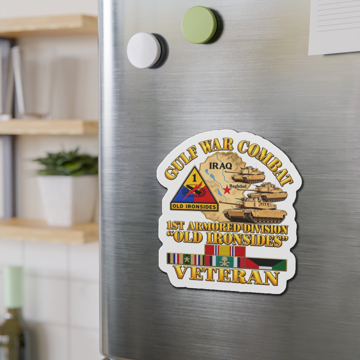 Die-Cut Magnets — Army - Gulf War Combat - 1st Armored Divi - Old Ironsides - Veteran - Map w GULF SVC - 3D - Enhanced