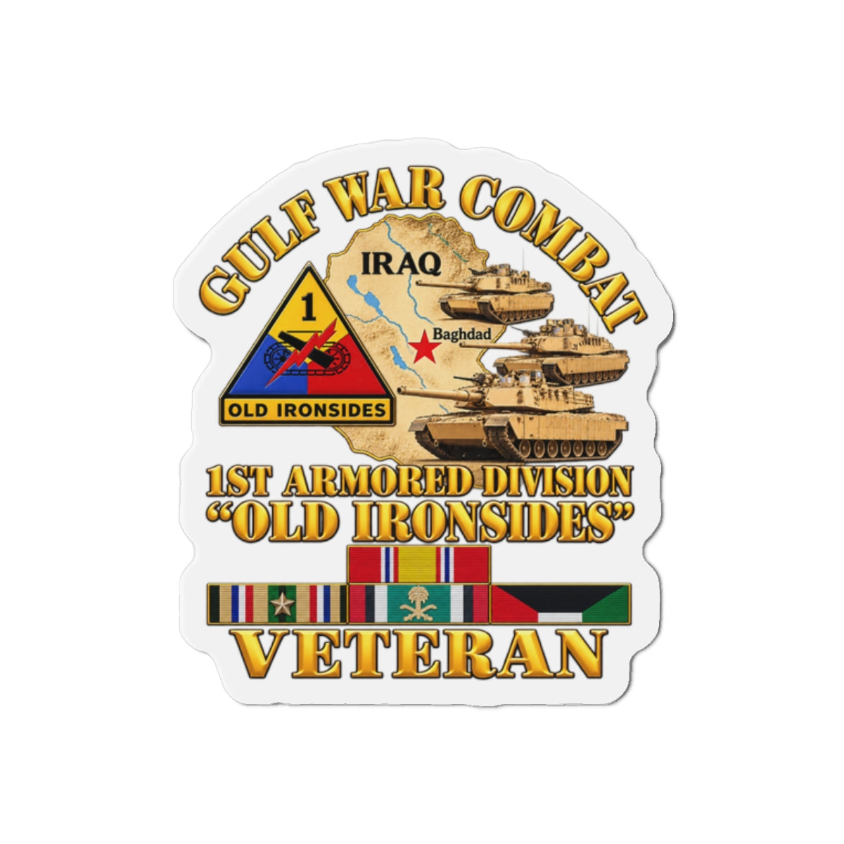 Die-Cut Magnets — Army - Gulf War Combat - 1st Armored Divi - Old Ironsides - Veteran - Map w GULF SVC - 3D - Enhanced