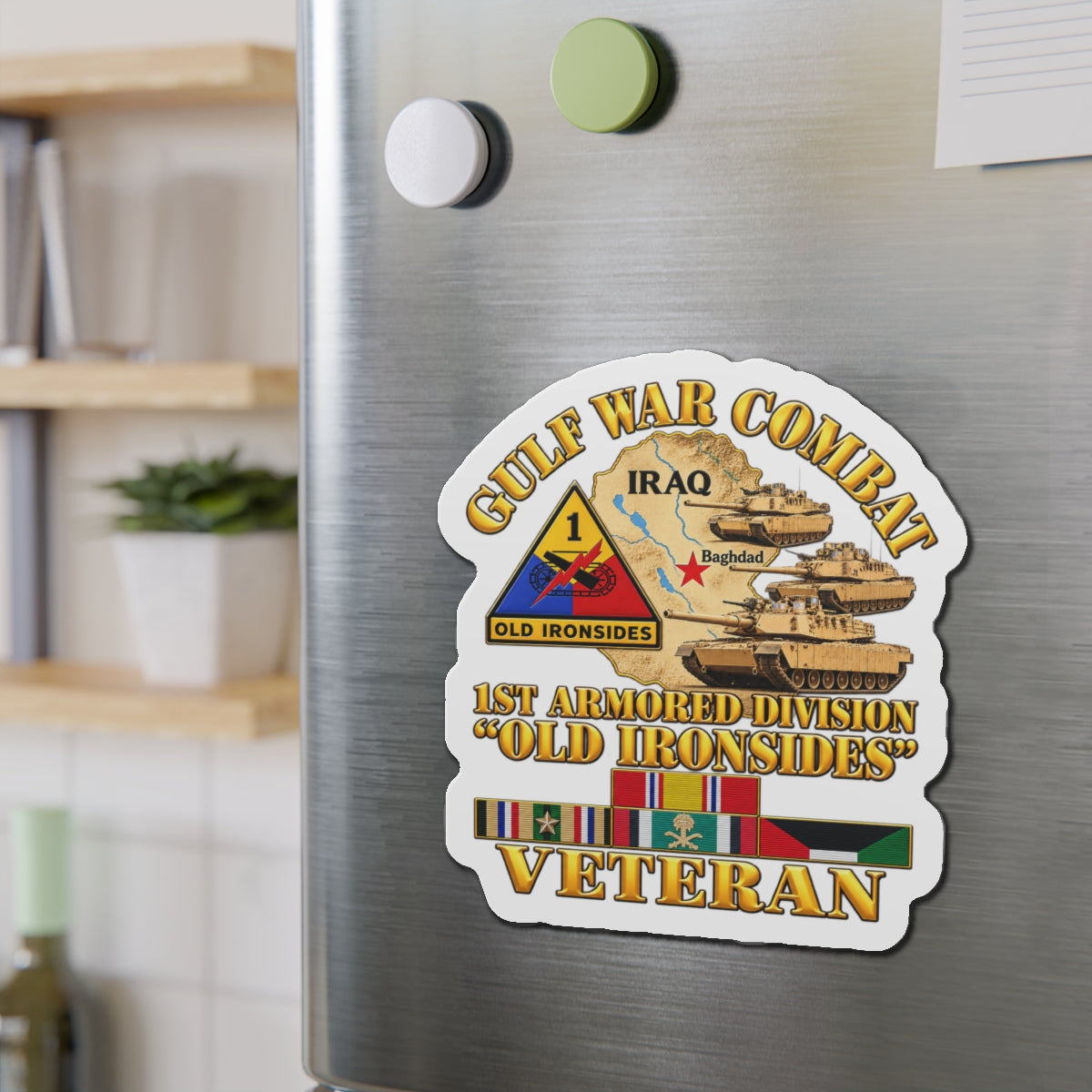 Die-Cut Magnets — Army - Gulf War Combat - 1st Armored Divi - Old Ironsides - Veteran - Map w GULF SVC - 3D - Enhanced
