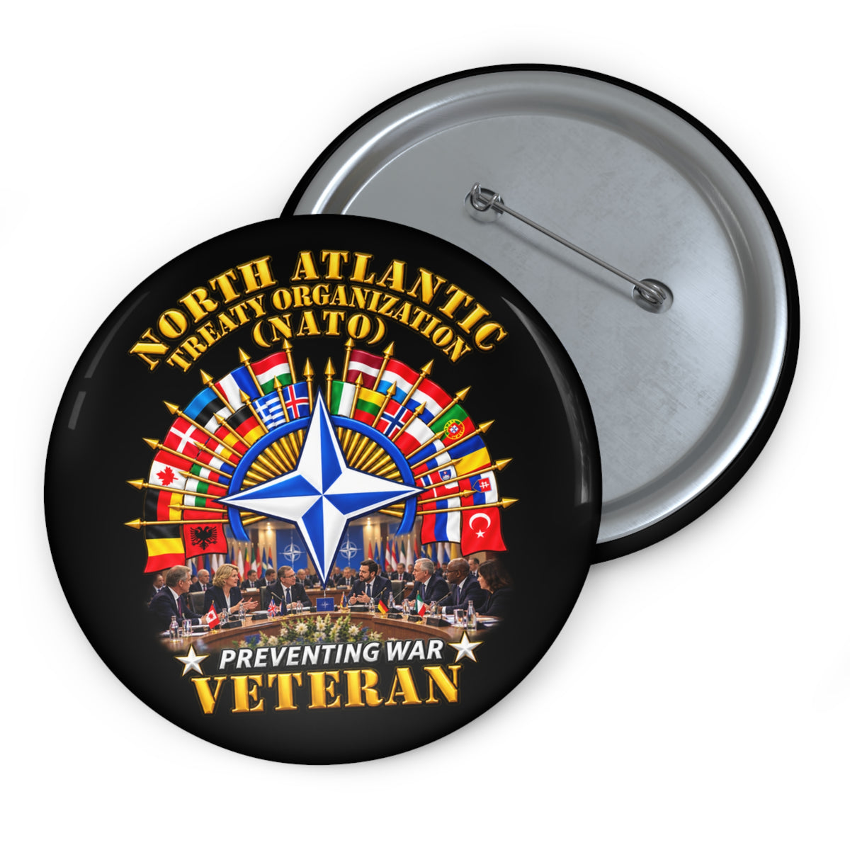 Custom Pin Buttons - NATO - Polished NATO Veteran - with flags - Meeting Scene - 3D - Transparent