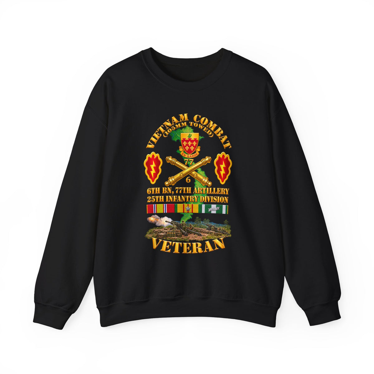 Crewneck Sweatshirt - Army - Vietnam Combat Veteran w 6th Bn 77th Artillery DUI -25th Infantry Div w Fire Mission Scene - 3D - Transparent