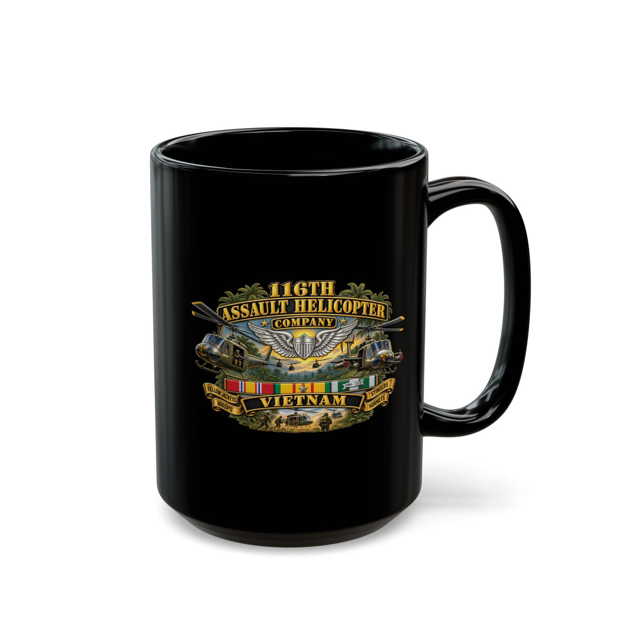 Black Mug  (15oz) - Army - 116th Assault Helicopter Co w  Aviator Badge w VN SVC - HORNETS - 3D - Enhanced