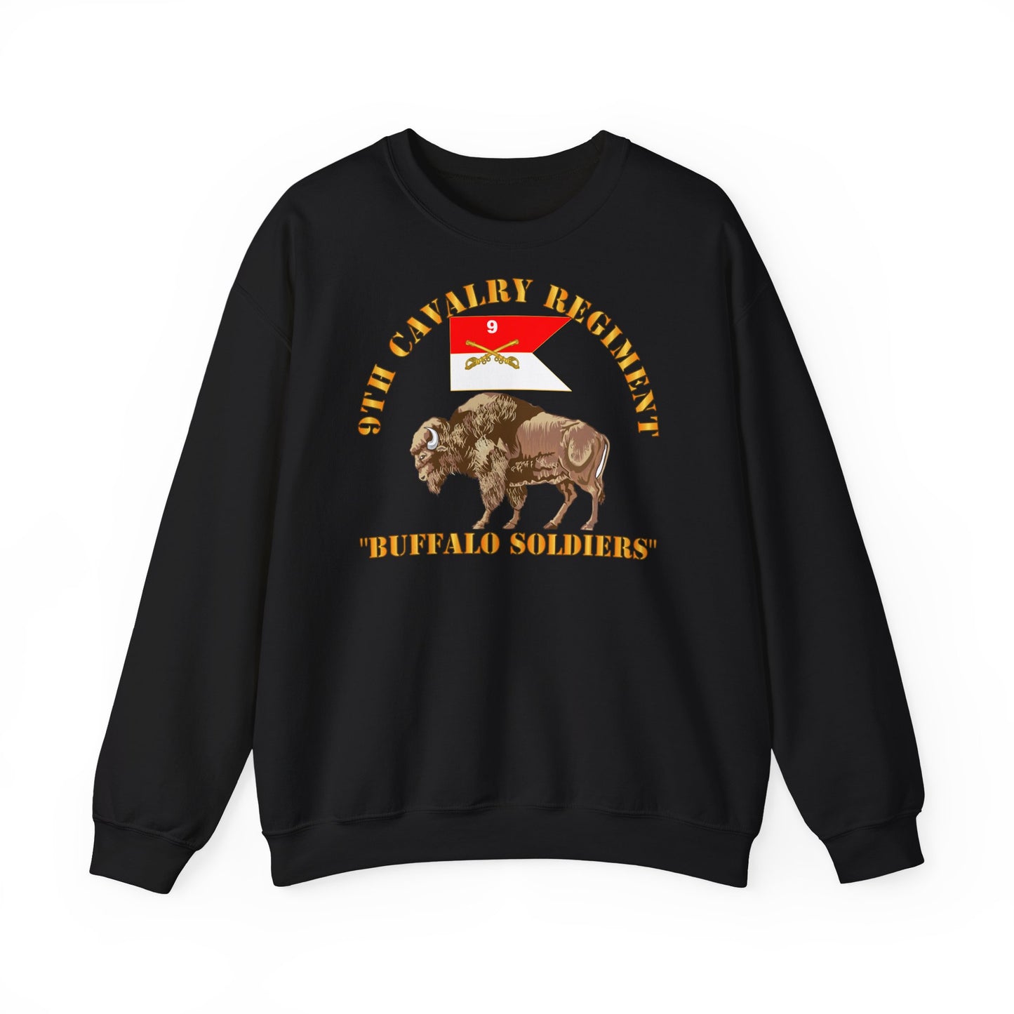 Crewneck Sweatshirt - Army - 9th Cavalry Regiment - Buffalo Soldiers w 9th Cav Guidon
