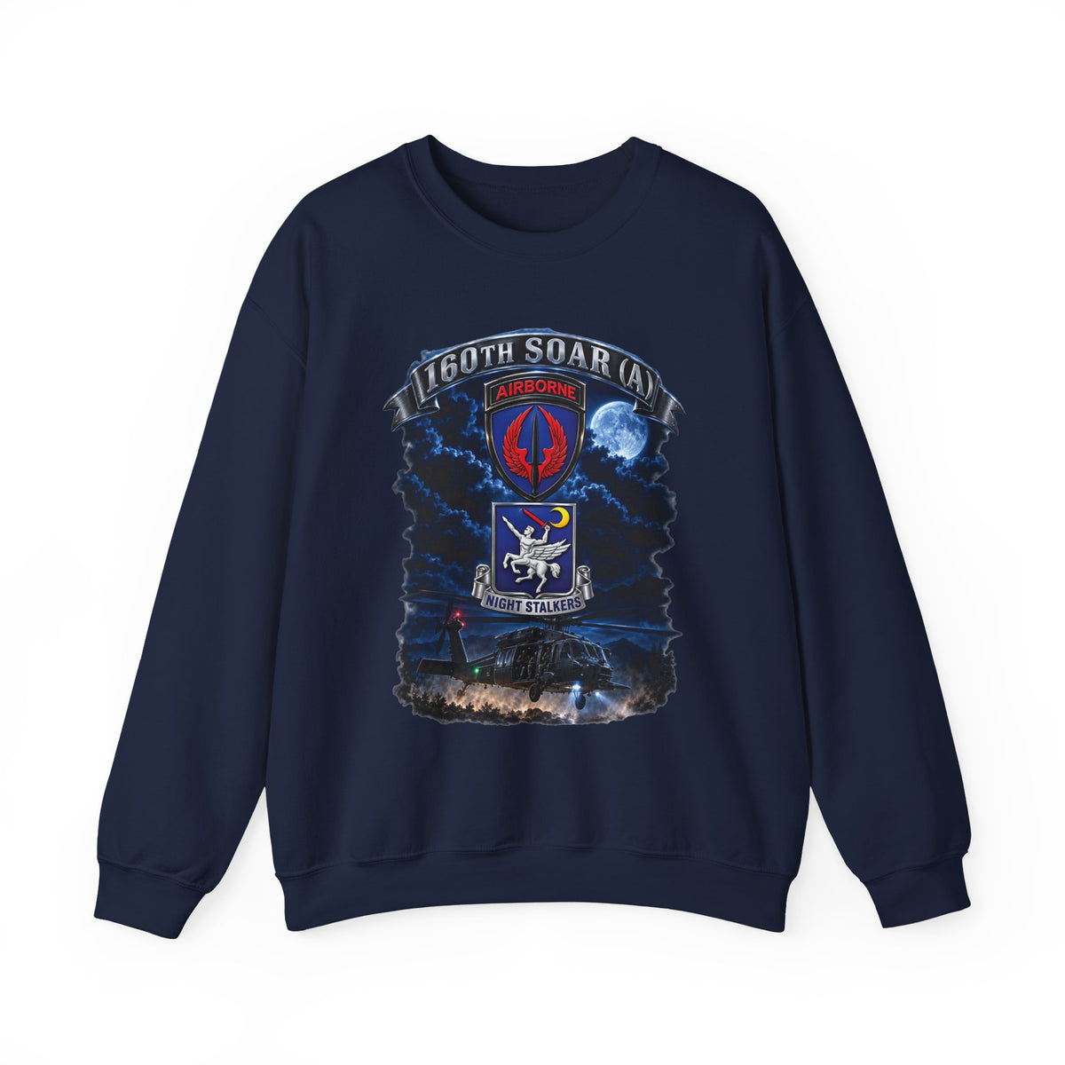 Crewneck Sweatshirt - USASOAC - SSI, 160th Special Operations Regiment Airborne  DUI with Scene Blackhawk - 3D - Enhanced