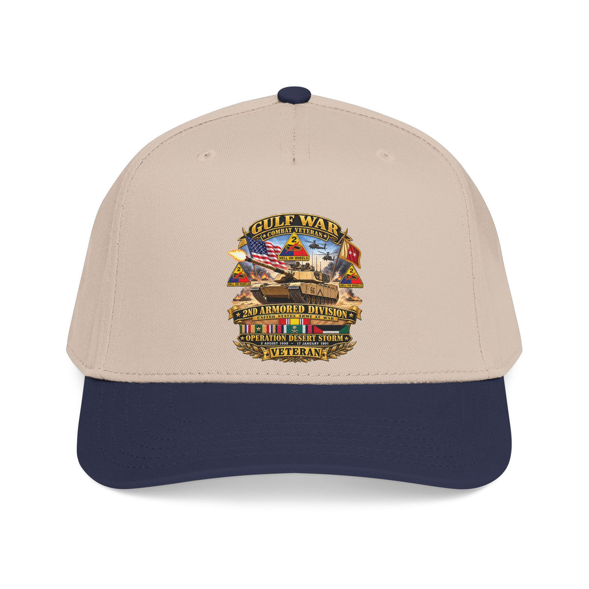 Mid Profile Baseball Cap - Army - Desert Storm - 2nd Armored Div - Combat Vereran Veteran w GULF SVC - 3D - Enhanced