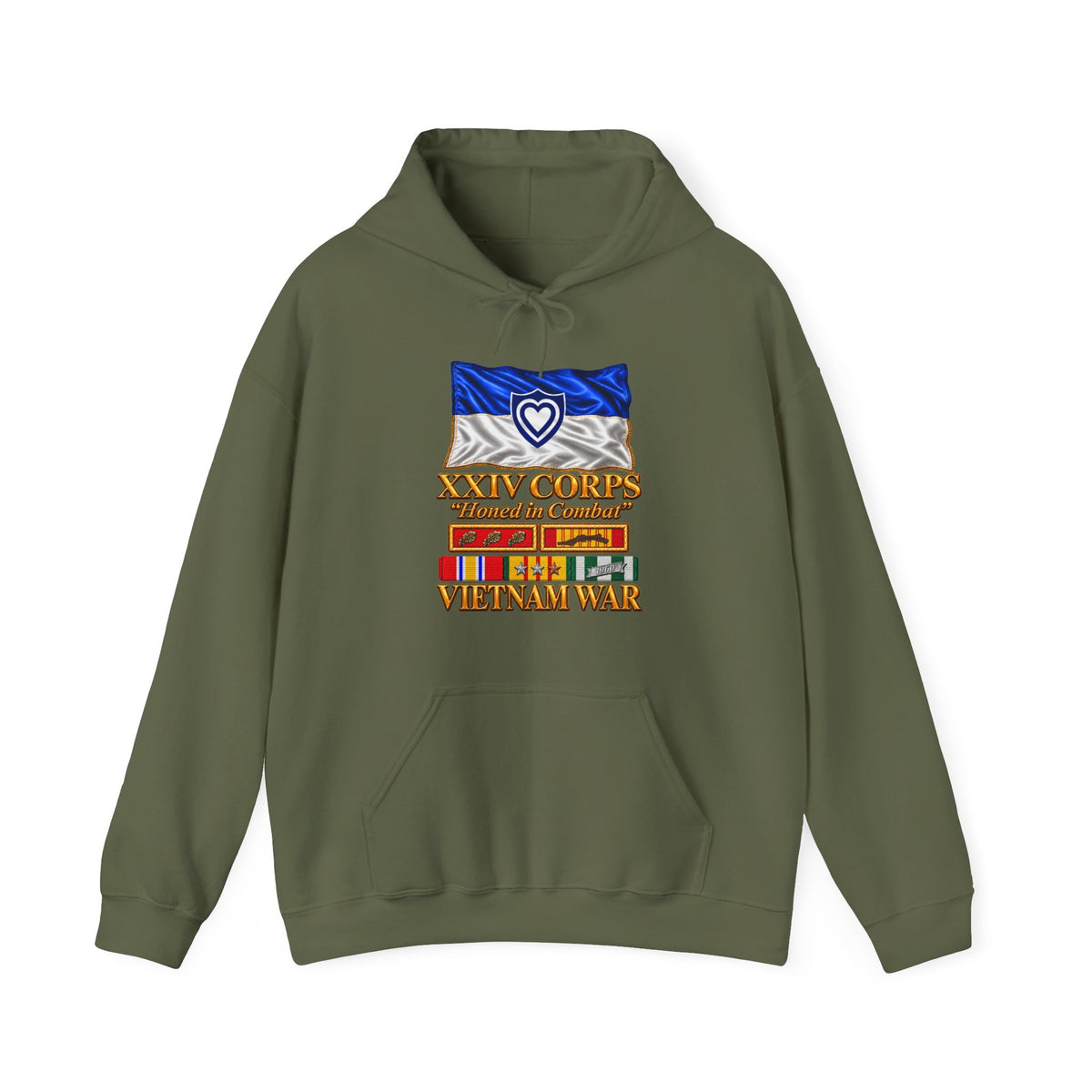 Hoodie — Army - XXIV Corps Flag - Waving - Ribbons - Meritorious Awards - Vietnam War - 3D - Transparent
