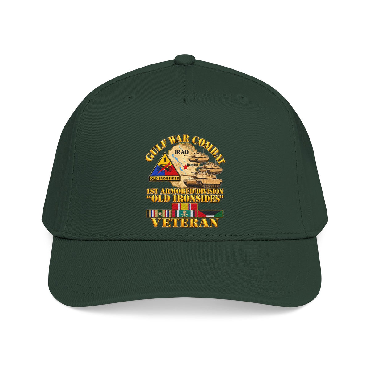 Mid Profile Baseball Cap - Army - Gulf War Combat - 1st Armored Divi - Old Ironsides - Veteran - Map w GULF SVC - 3D - Enhanced