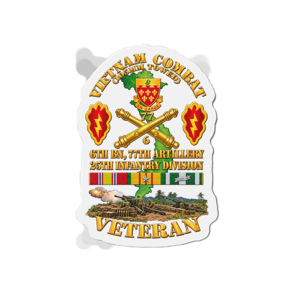 Die-Cut Magnets — Army - Vietnam Combat Veteran w 6th Bn 77th Artillery DUI -25th Infantry Div w Fire Mission Scene - 3D - Transparent