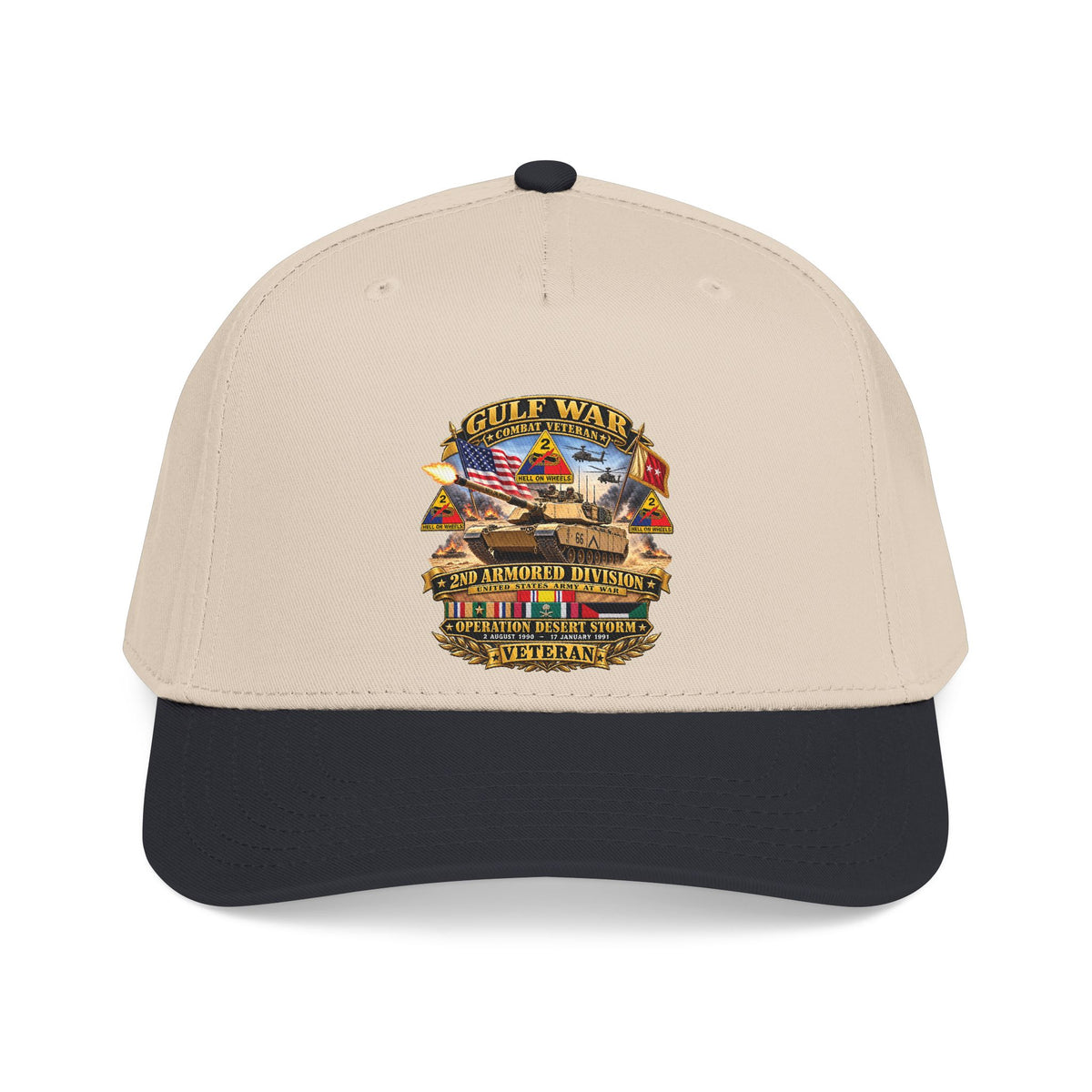 Mid Profile Baseball Cap - Army - Desert Storm - 2nd Armored Div - Combat Vereran Veteran w GULF SVC - 3D - Enhanced