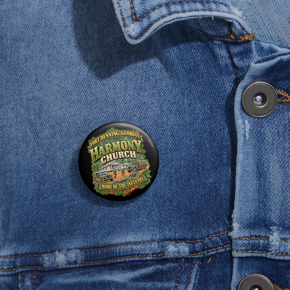 Custom Pin Buttons - Fort Benning, Georgia, Harmony Church - Home of the Infantry - 3D - Enhanced
