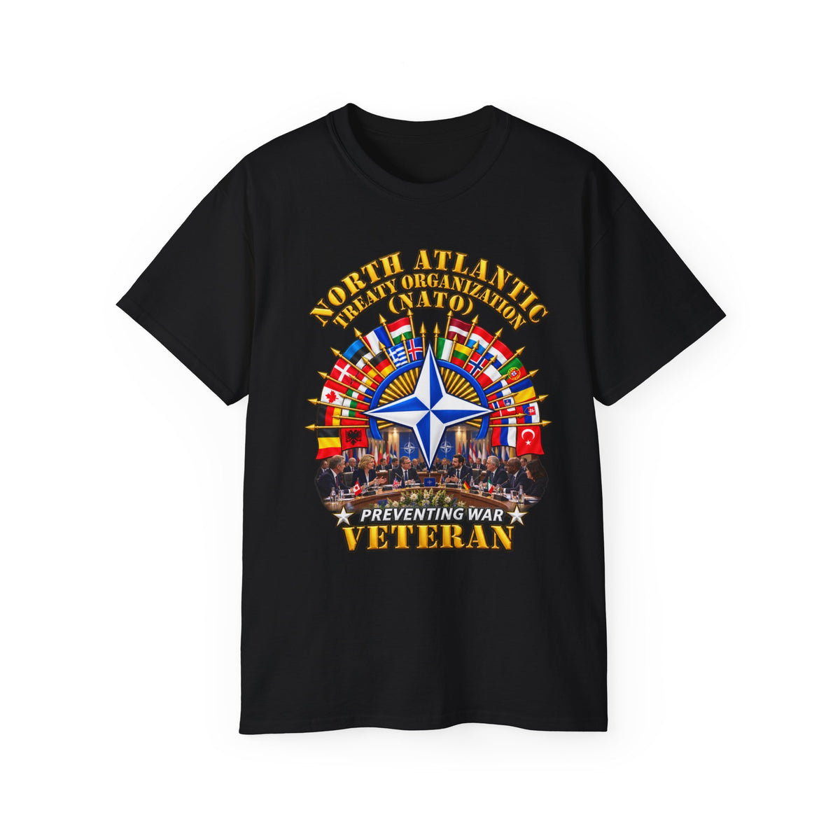 Unisex Ultra Cotton Tee - NATO - Polished NATO Veteran - with flags - Meeting Scene - 3D - Transparent