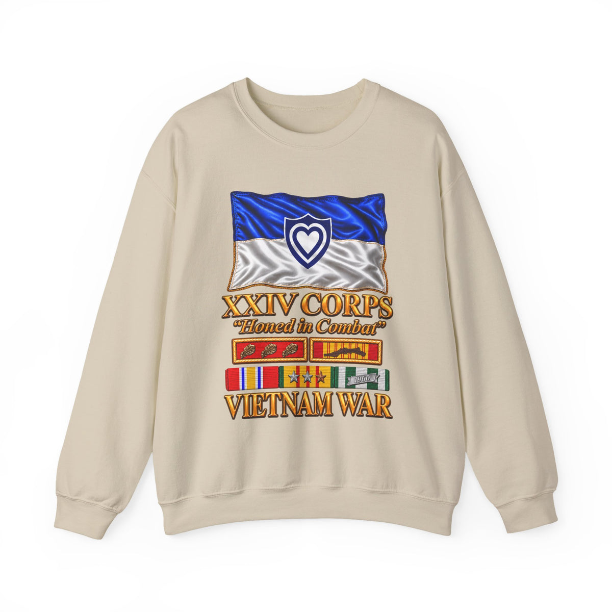 Crewneck Sweatshirt - Army - XXIV Corps Flag - Waving - Ribbons - Meritorious Awards - Vietnam War - 3D - Transparent