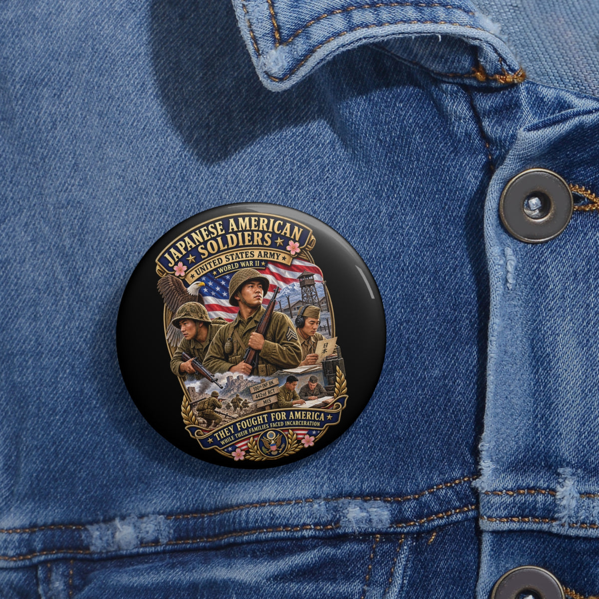 Custom Pin Buttons - Japanese American WWII Soldiers - 3D - Enhanced
