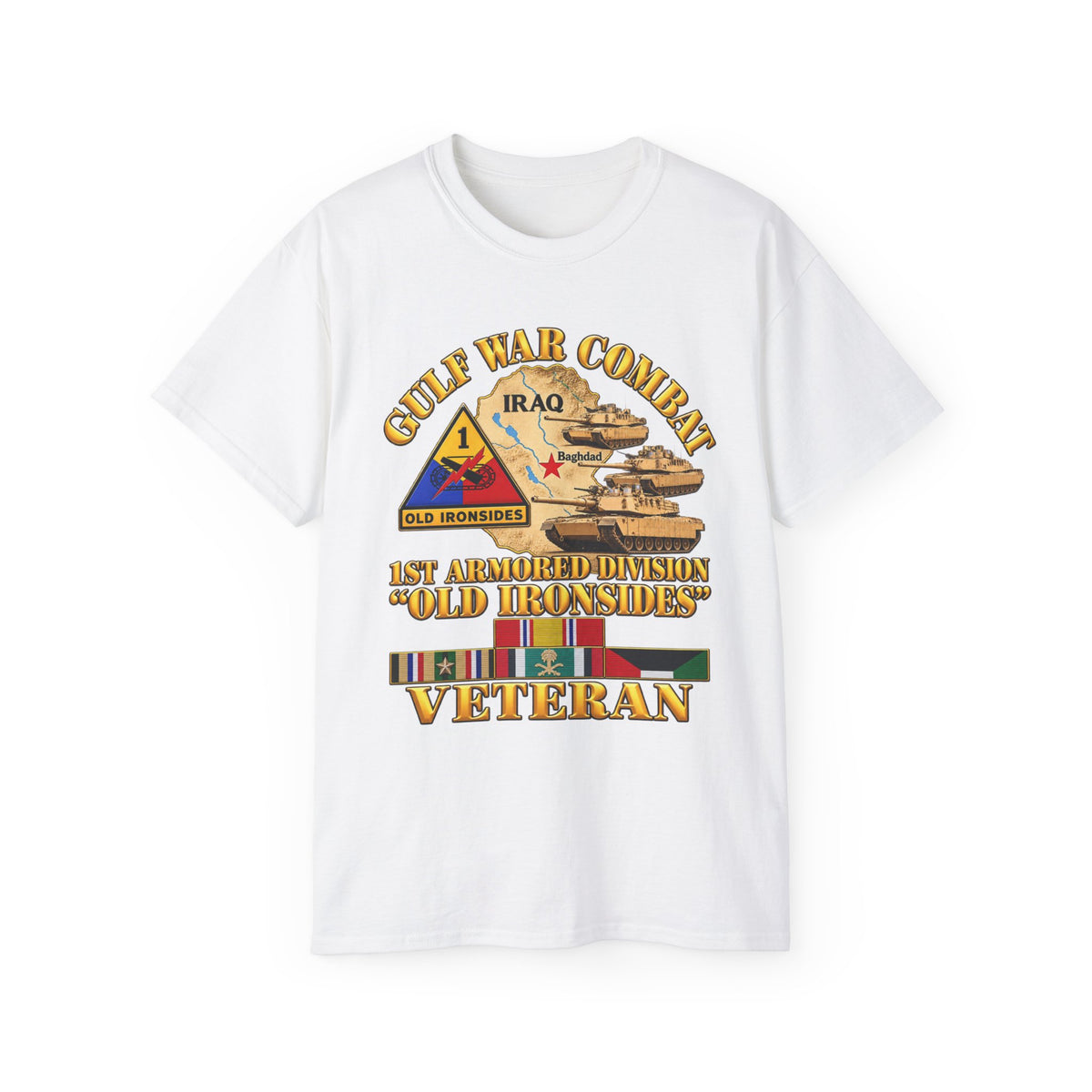 Unisex Ultra Cotton Tee - Army - Gulf War Combat - 1st Armored Divi - Old Ironsides - Veteran - Map w GULF SVC - 3D - Enhanced
