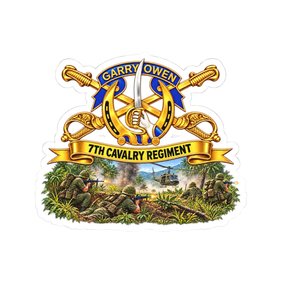 Kiss-Cut Stickers - 7th Cavalry Regiment - DUI, Br, Ribbon w  Battle of Ia drang Valley Scene - Vietnam - 3D - Transparent