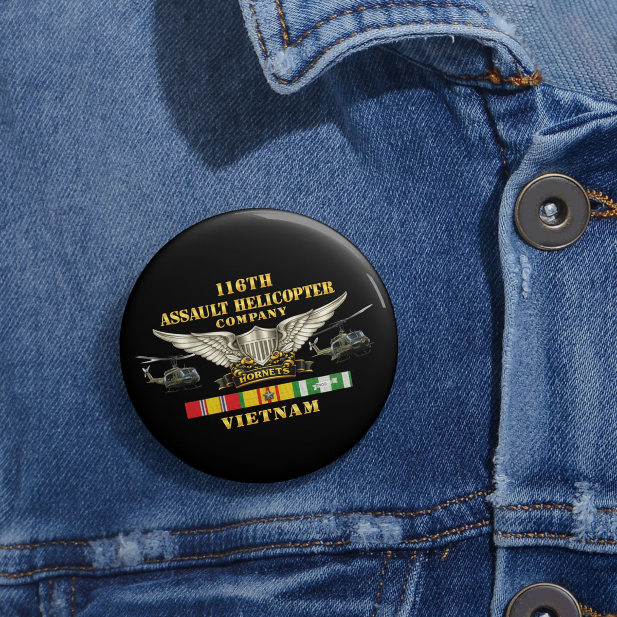 Custom Pin Buttons - Army - 116th Assault Helicopter Co w  Aviator Badge w VN SVC - HORNETS - Side X Side - 3D - Enhanced