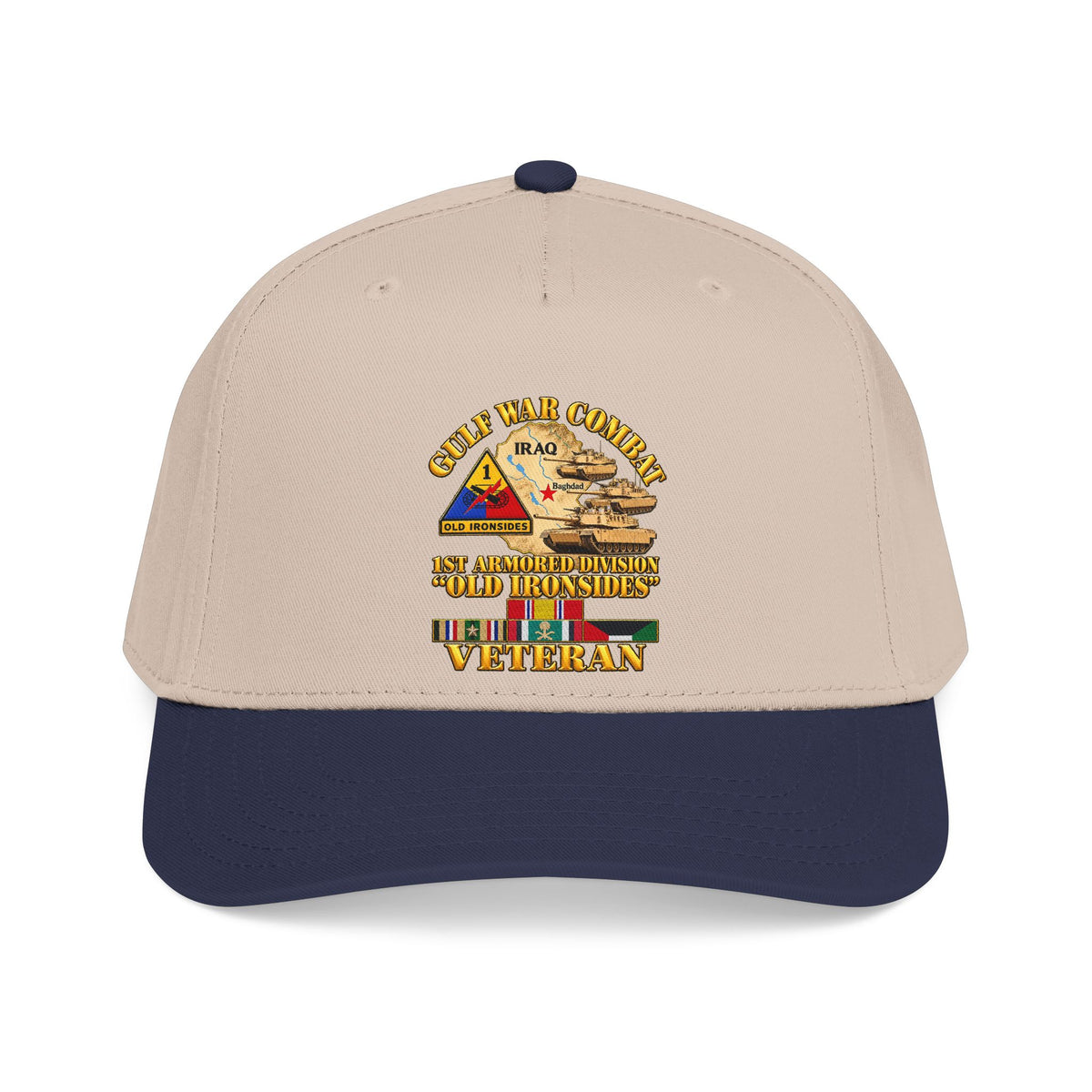 Mid Profile Baseball Cap - Army - Gulf War Combat - 1st Armored Divi - Old Ironsides - Veteran - Map w GULF SVC - 3D - Enhanced