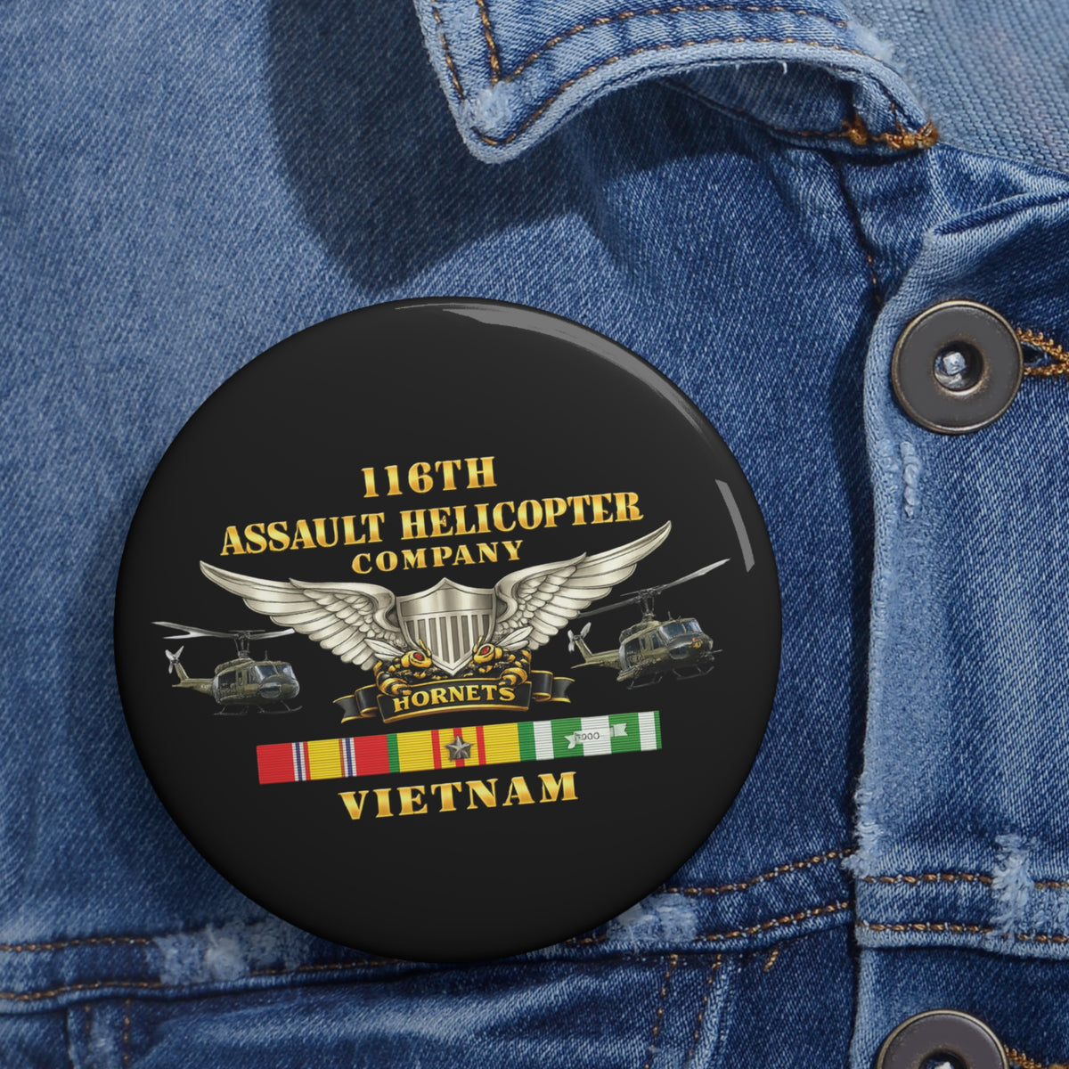 Custom Pin Buttons - Army - 116th Assault Helicopter Co w  Aviator Badge w VN SVC - HORNETS - Side X Side - 3D - Enhanced