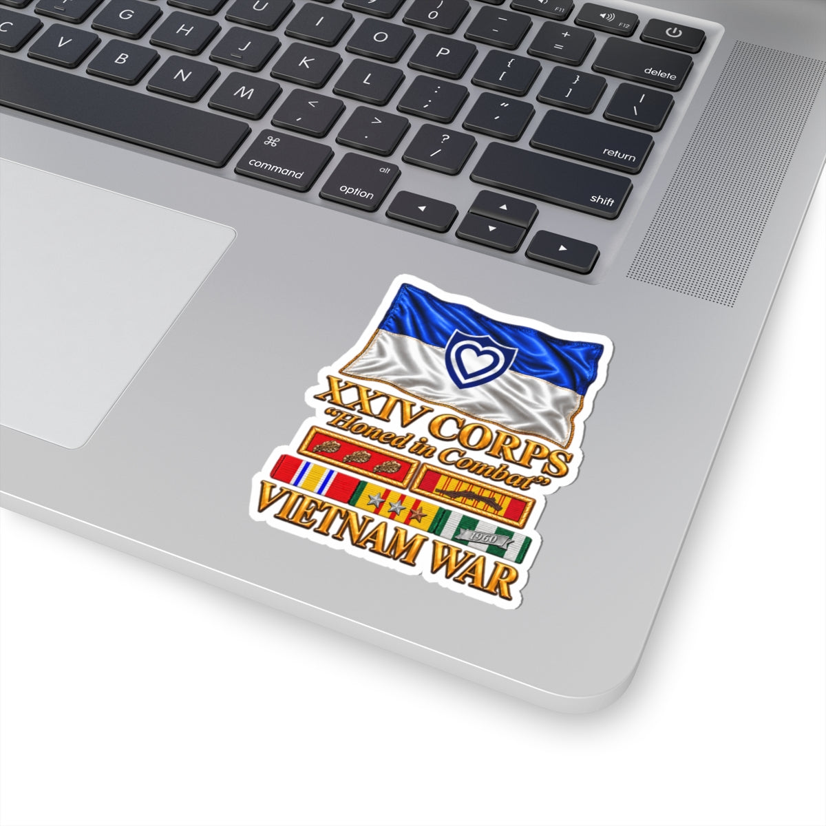 Kiss-Cut Stickers - Army - XXIV Corps Flag - Waving - Ribbons - Meritorious Awards - Vietnam War - 3D - Transparent
