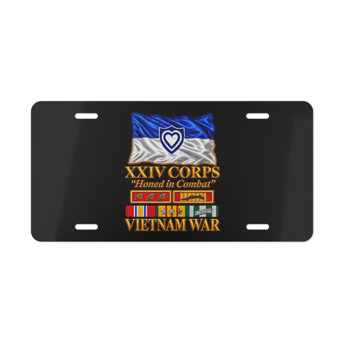 Vanity License Plate - Army - XXIV Corps Flag - Waving - Ribbons - Meritorious Awards - Vietnam War - 3D - Transparent
