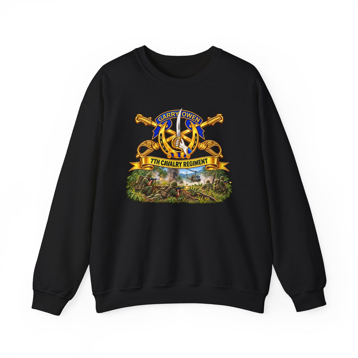 Crewneck Sweatshirt - 7th Cavalry Regiment - DUI, Br, Ribbon w  Battle of Ia drang Valley Scene - Vietnam - 3D - Transparent