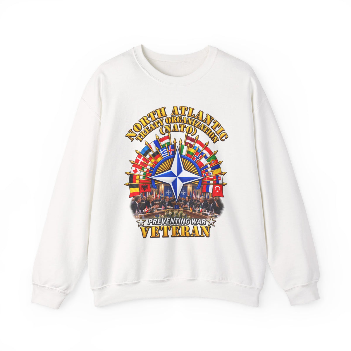 Crewneck Sweatshirt - NATO - Polished NATO Veteran - with flags - Meeting Scene - 3D - Transparent