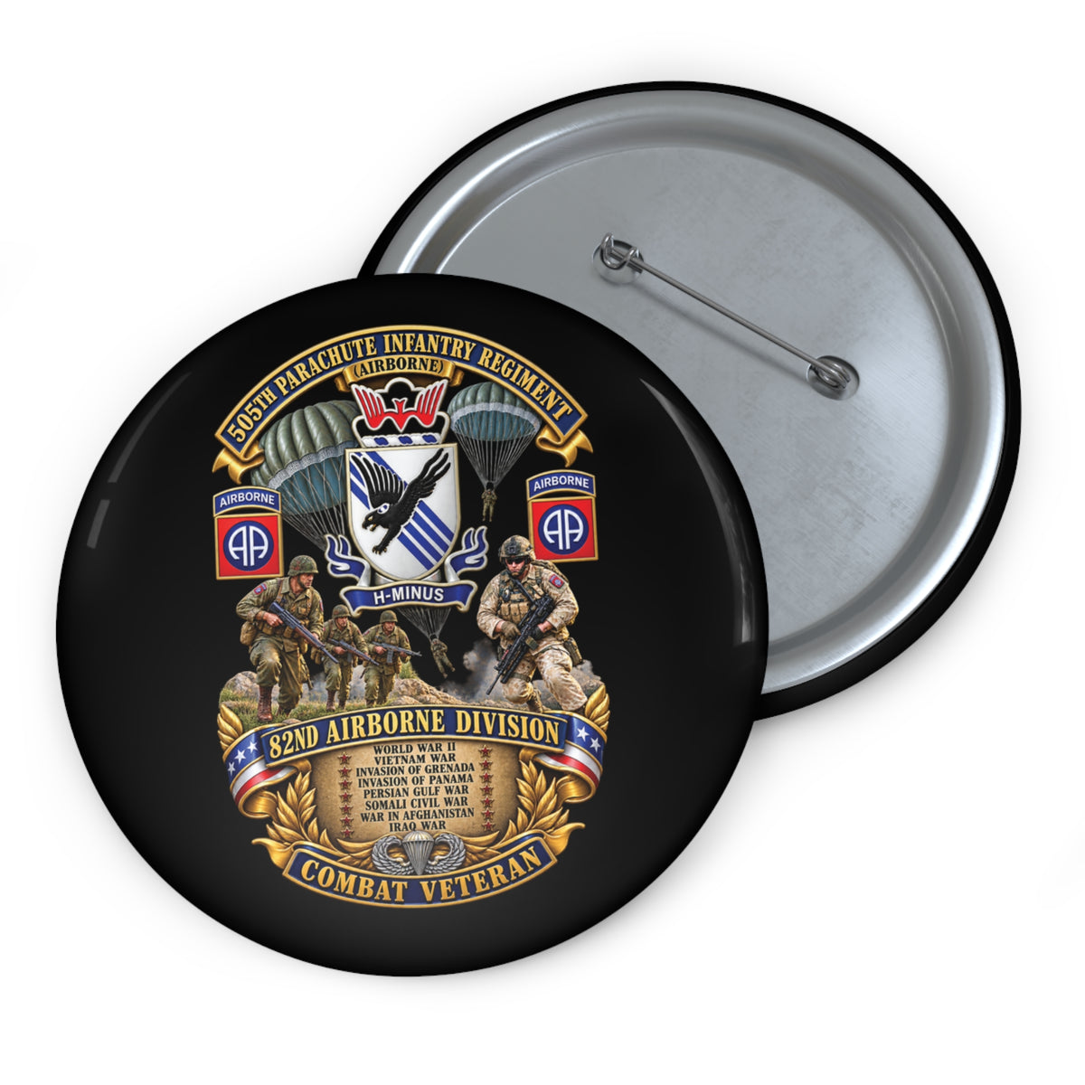 Custom Pin Buttons - Army - Combat Vet w 505th PIR - 82nd Airborne  w Campaigns - Soldiers - SSI - 3D - Enhanced