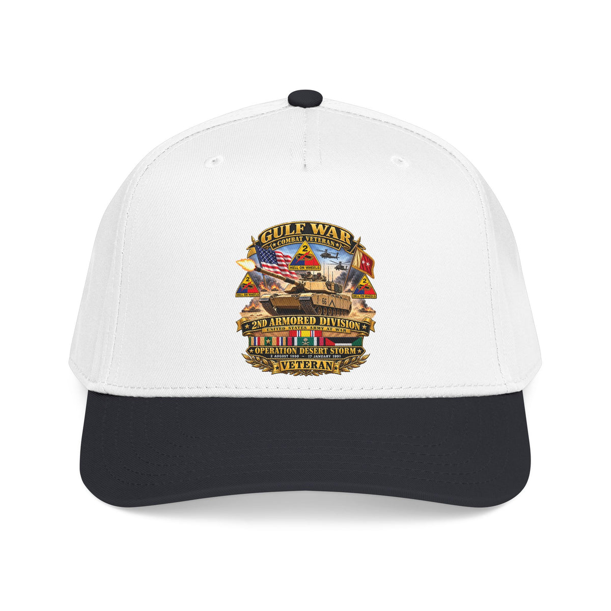 Mid Profile Baseball Cap - Army - Desert Storm - 2nd Armored Div - Combat Vereran Veteran w GULF SVC - 3D - Enhanced