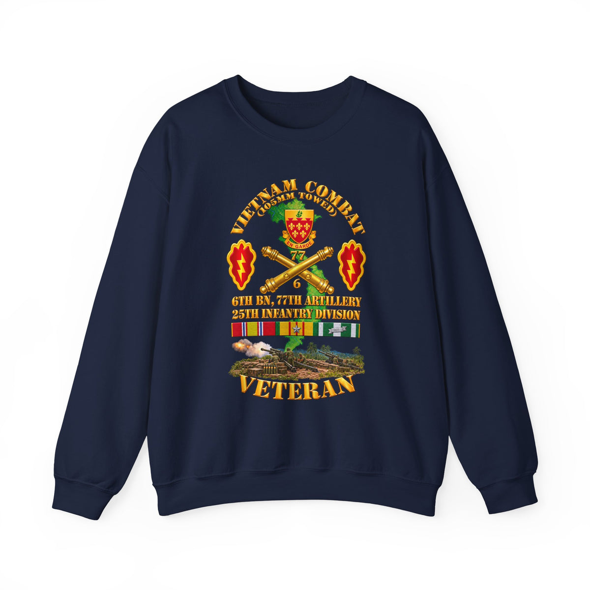 Crewneck Sweatshirt - Army - Vietnam Combat Veteran w 6th Bn 77th Artillery DUI -25th Infantry Div w Fire Mission Scene - 3D - Transparent