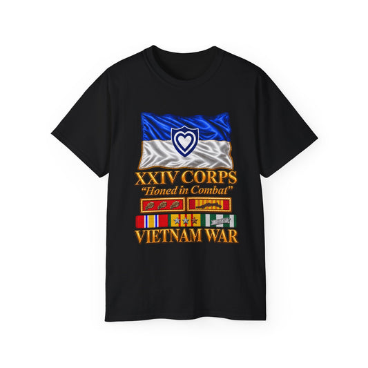 Unisex Ultra Cotton Tee - Army - XXIV Corps Flag - Waving - Ribbons - Meritorious Awards - Vietnam War - 3D - Transparent