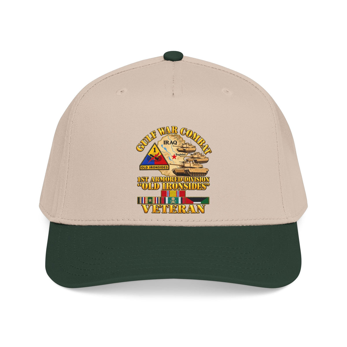 Mid Profile Baseball Cap - Army - Gulf War Combat - 1st Armored Divi - Old Ironsides - Veteran - Map w GULF SVC - 3D - Enhanced