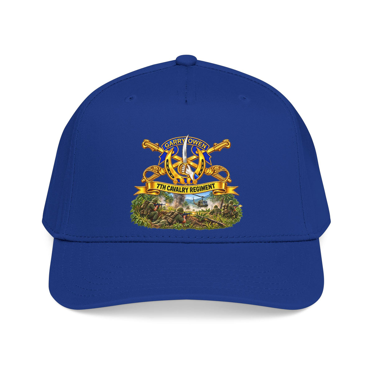 Mid Profile Baseball Cap — 7th Cavalry Regiment - DUI, Br, Ribbon w  Battle of Ia drang Valley Scene - Vietnam - 3D - Transparent
