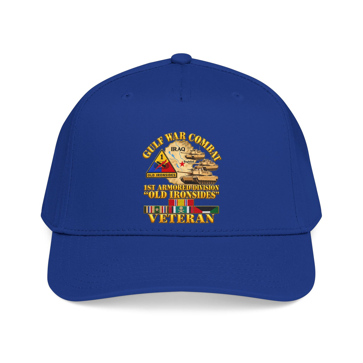 Mid Profile Baseball Cap - Army - Gulf War Combat - 1st Armored Divi - Old Ironsides - Veteran - Map w GULF SVC - 3D - Enhanced
