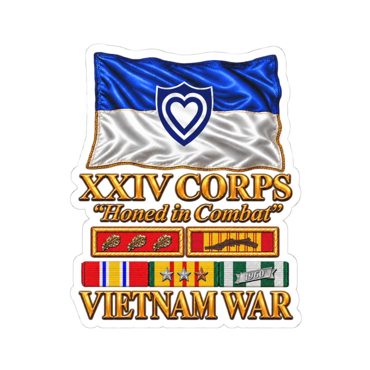 Kiss-Cut Stickers - Army - XXIV Corps Flag - Waving - Ribbons - Meritorious Awards - Vietnam War - 3D - Transparent
