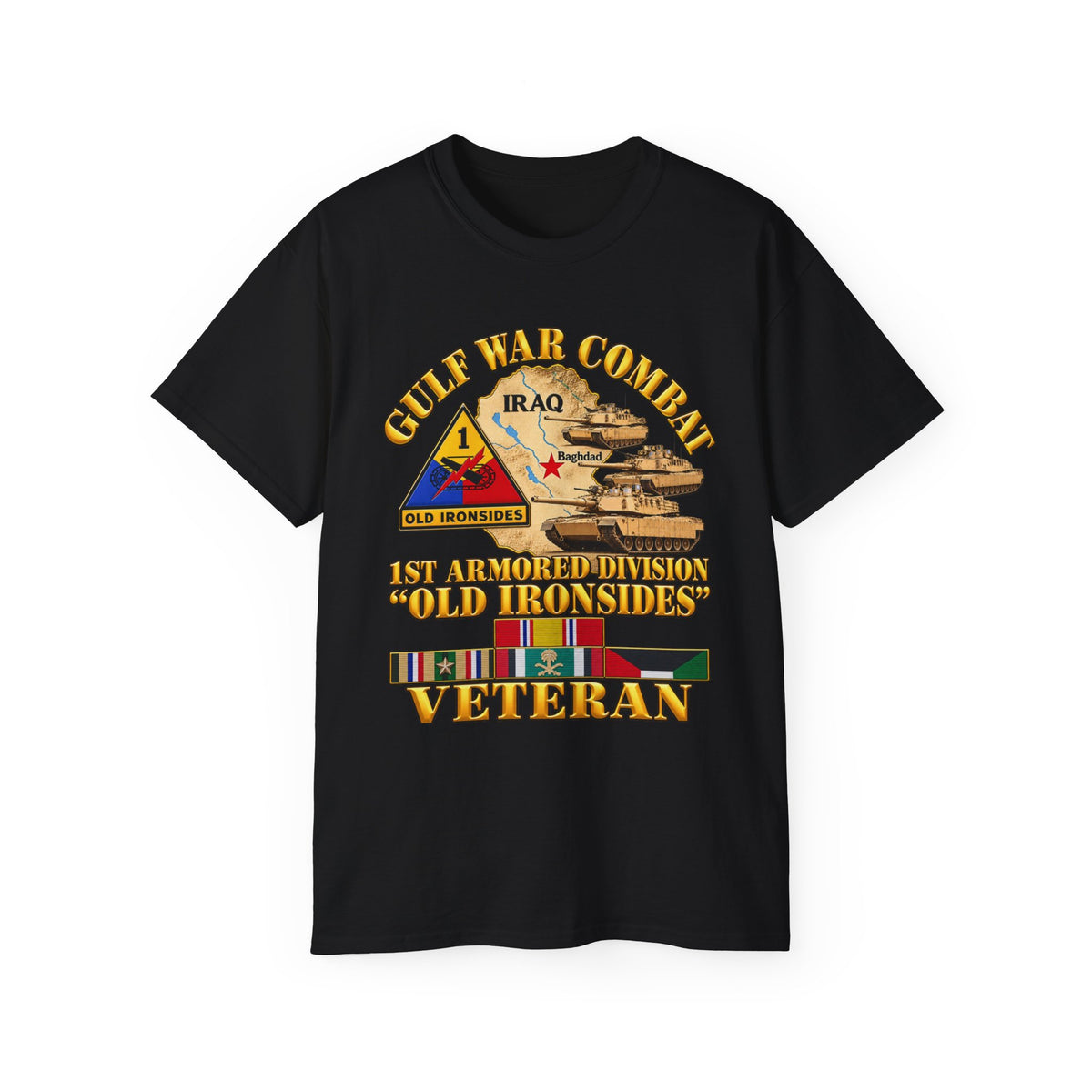Unisex Ultra Cotton Tee - Army - Gulf War Combat - 1st Armored Divi - Old Ironsides - Veteran - Map w GULF SVC - 3D - Enhanced