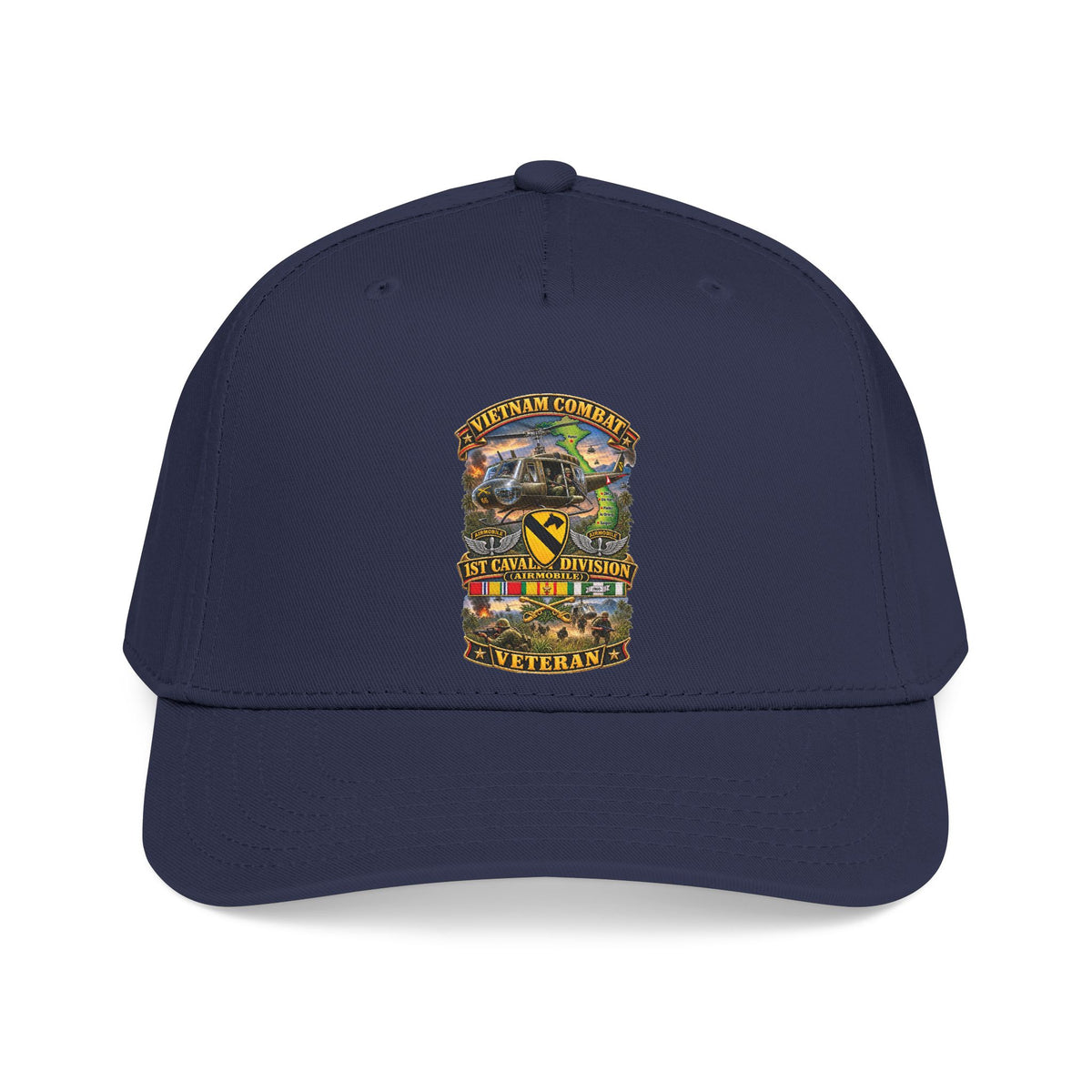 Mid Profile Baseball Cap - Army - Vietnam Combat Cavalry Veteran w 1st Cav Div SSI  Big Helo - 3D - Enhanced