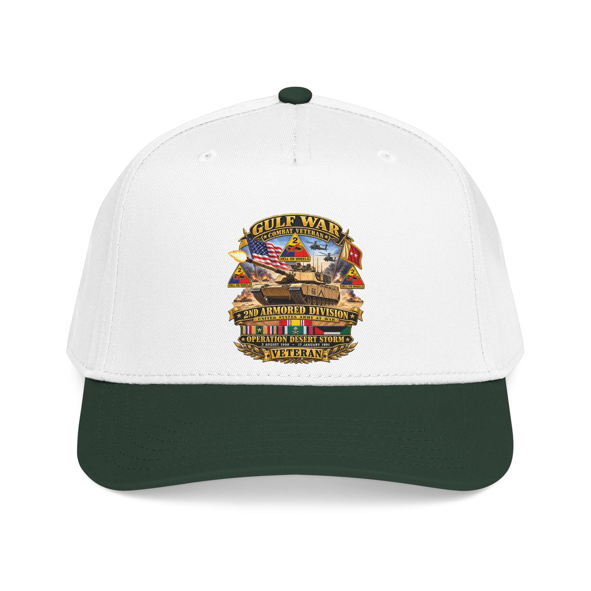 Mid Profile Baseball Cap - Army - Desert Storm - 2nd Armored Div - Combat Vereran Veteran w GULF SVC - 3D - Enhanced
