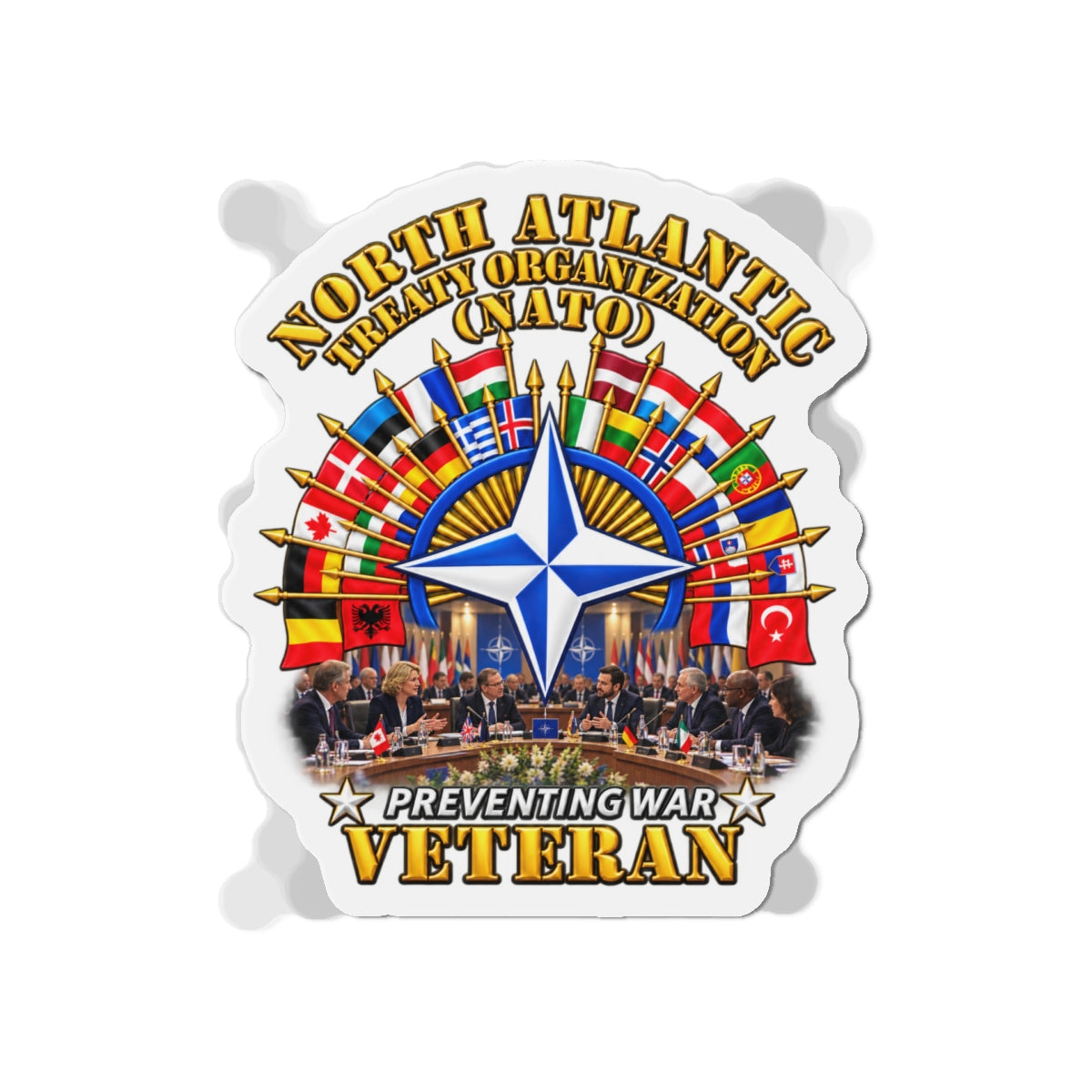 Die-Cut Magnets — NATO - Polished NATO Veteran - with flags - Meeting Scene - 3D - Transparent
