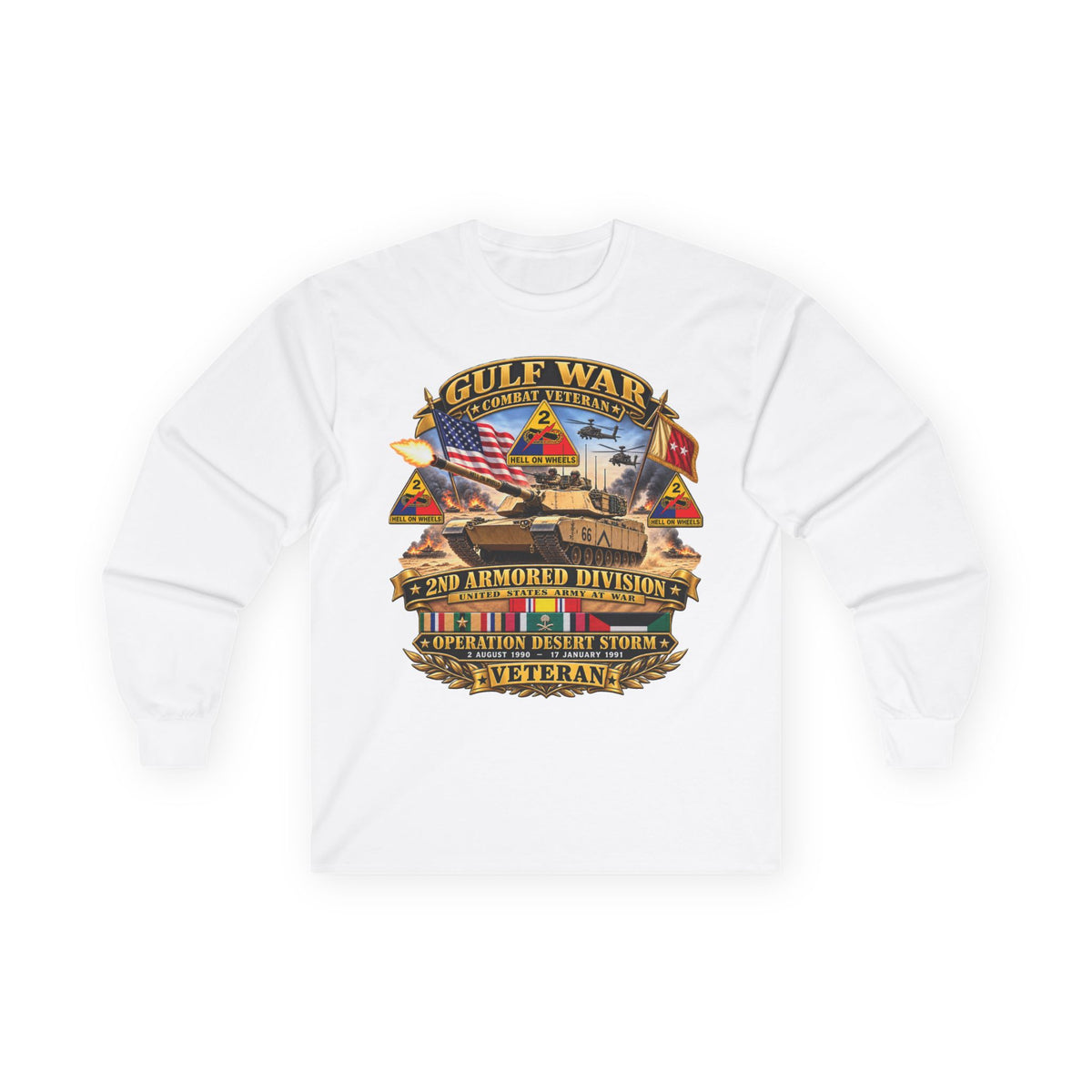 Unisex Ultra Cotton Long Sleeve Tee - Army - Desert Storm - 2nd Armored Div - Combat Vereran Veteran w GULF SVC - 3D - Enhanced